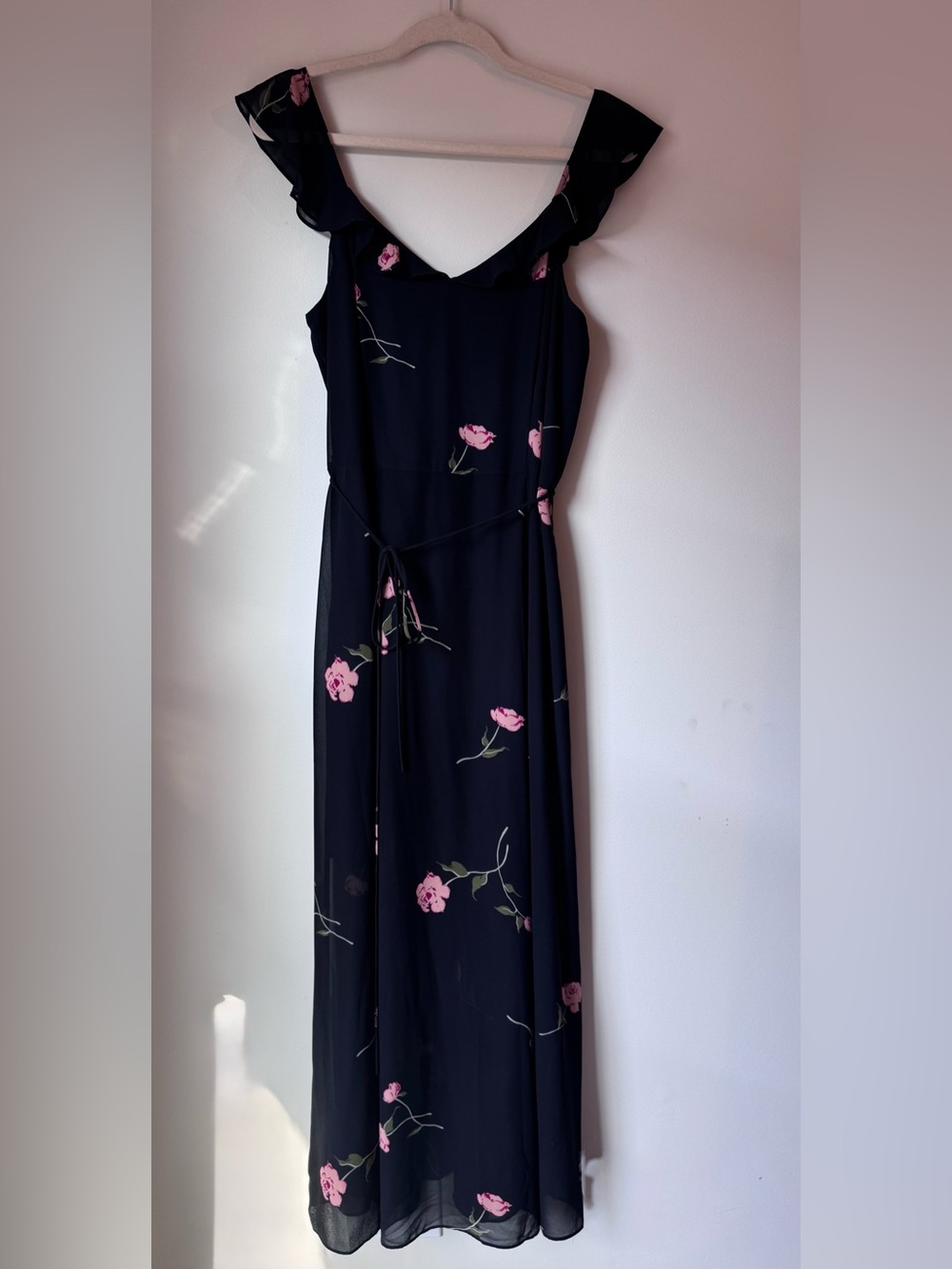 Black Floral Ruffle Maxi Dress with Pink Rose design